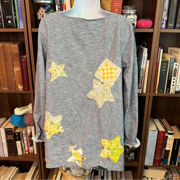 Upcycled Patchwork Star Print Distressed Cotton Stretch Tunic Top - Picture 10 of 14